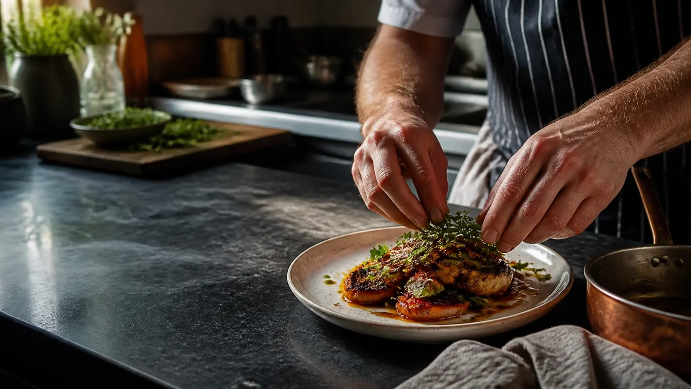 Chef finishing a richly coloured seasonal dish in a working kitchen